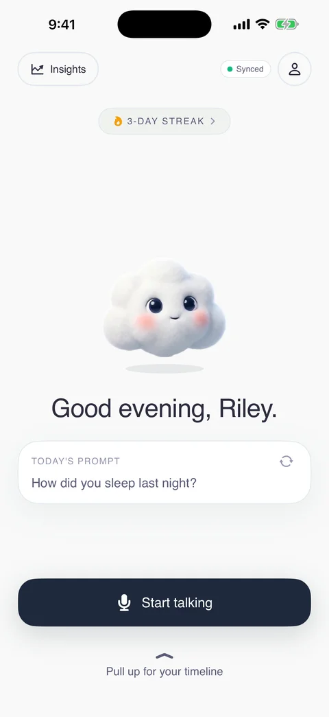 Puffy audio journal app home screen with the cloud mascot and a Start talking button