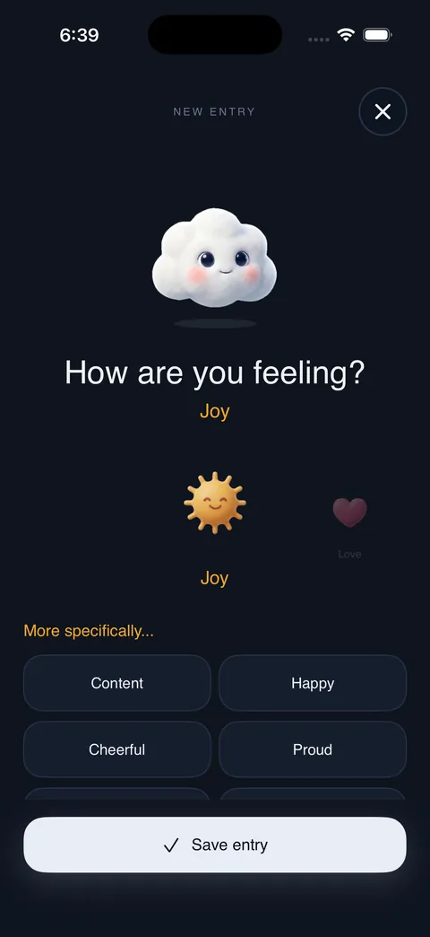 Puffy's feelings wheel mood picker with six core emotions