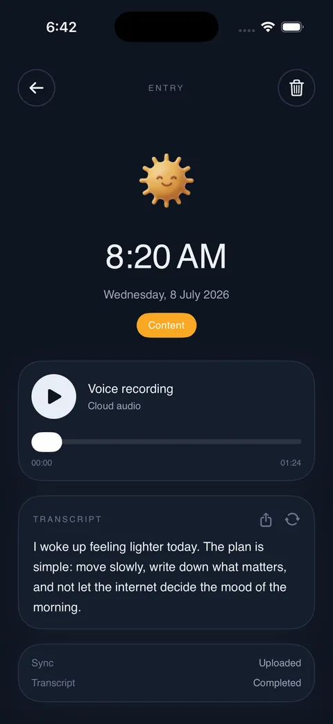 A Puffy journal entry showing the voice recording player and its automatic transcript