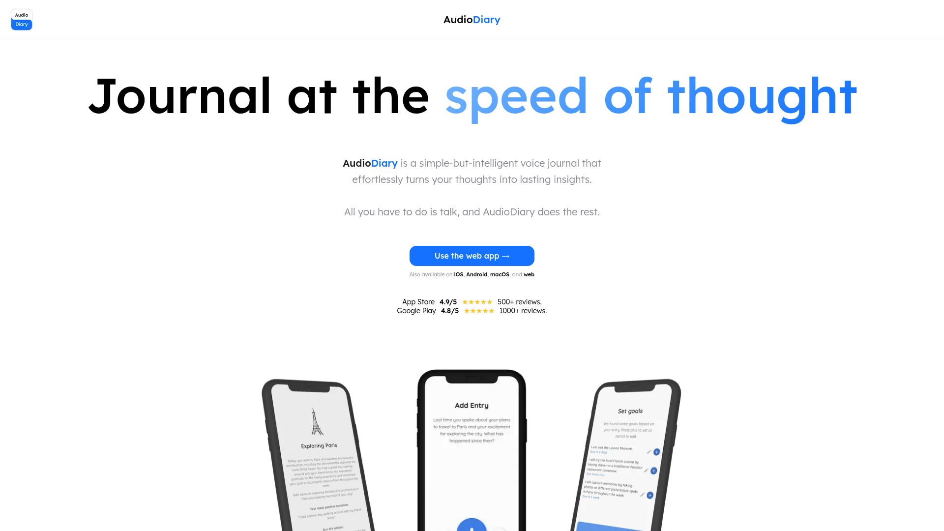 AudioDiary app landing page showing AI voice journal features