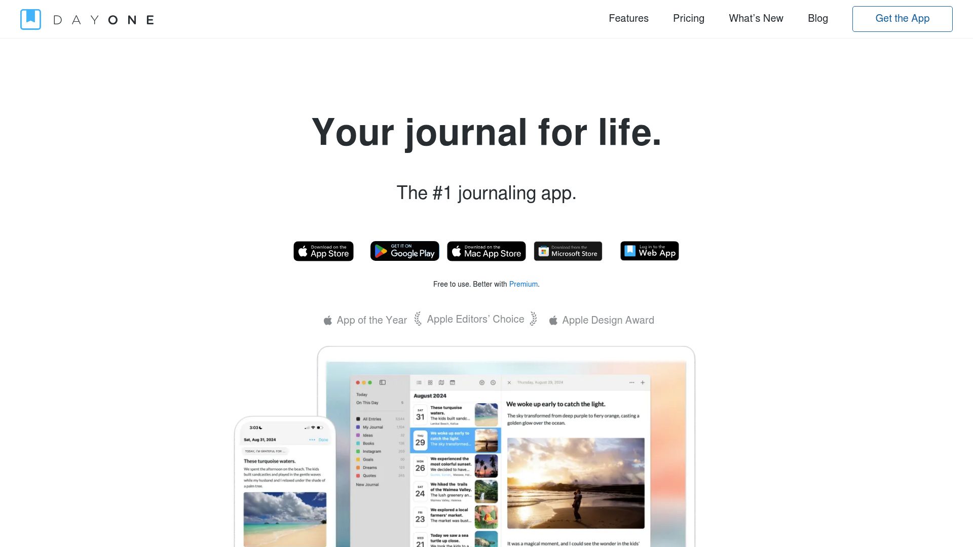 Day One journal app landing page showing rich media journaling features