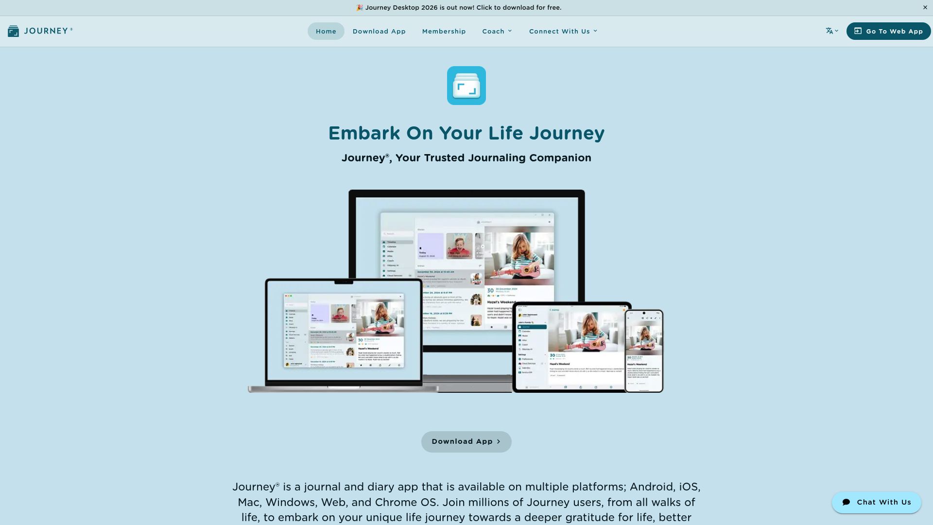 Journey journal app landing page showing cross-platform journaling features
