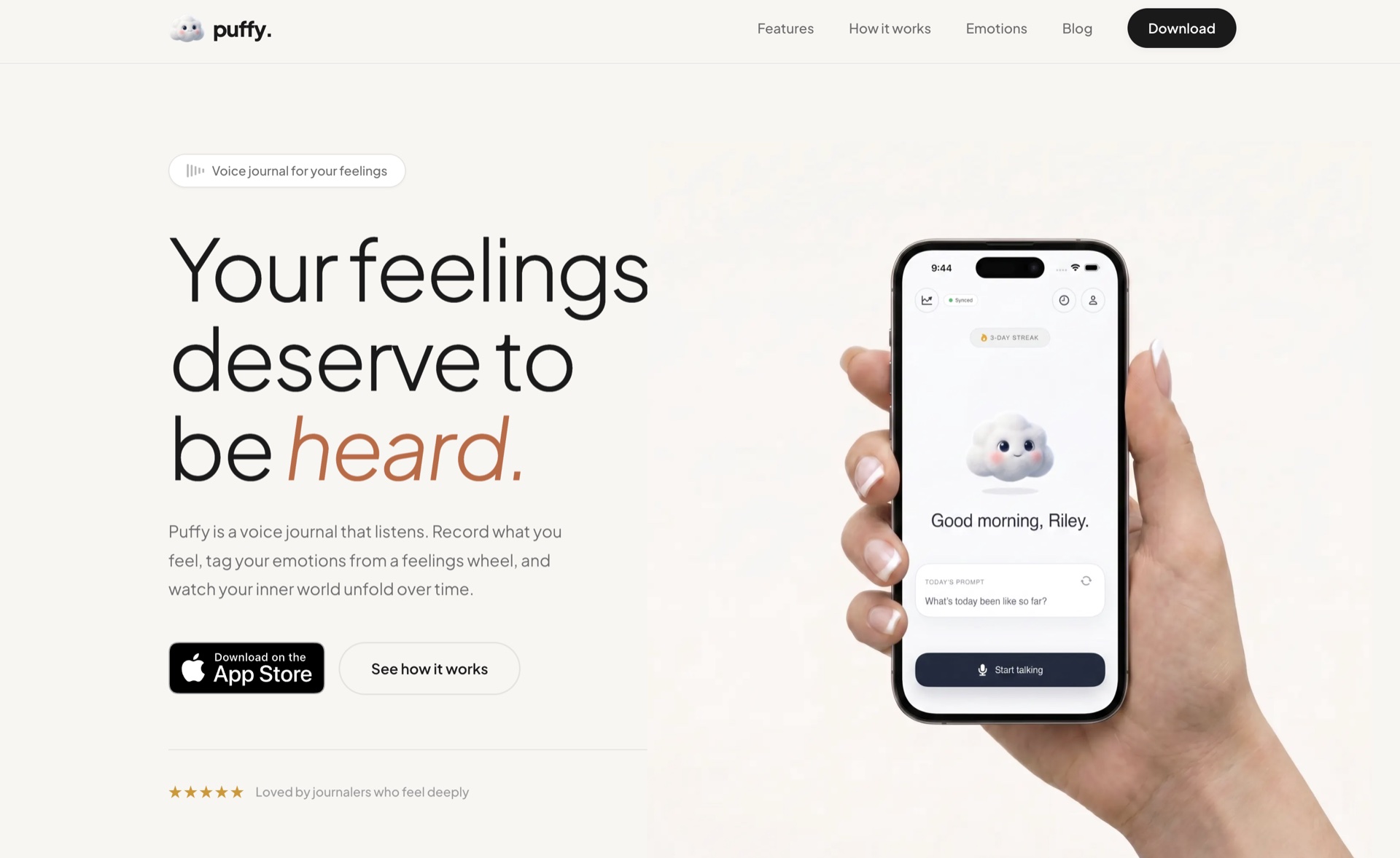 Puffy audio journal app landing page showing the voice recording home screen and feelings mascot