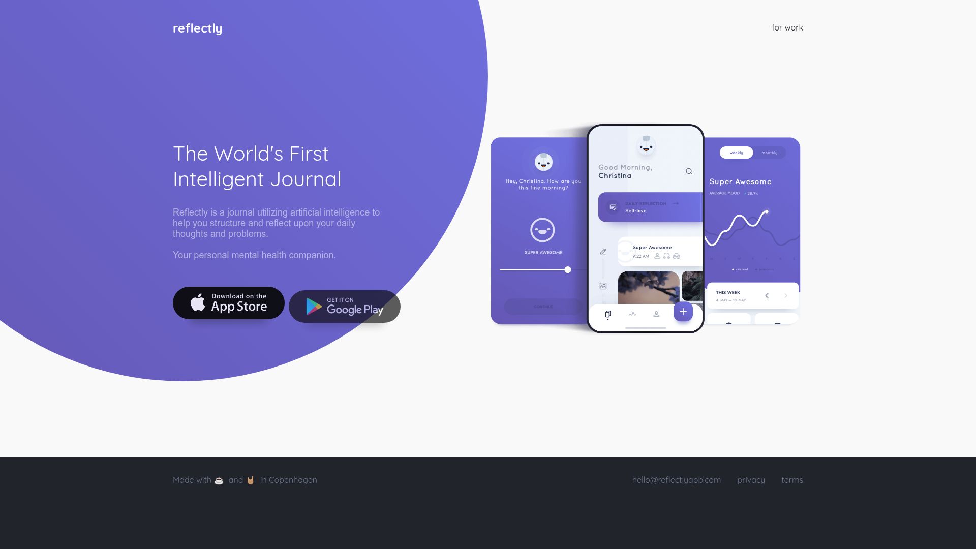 Reflectly app landing page featuring mood tracking and AI journaling