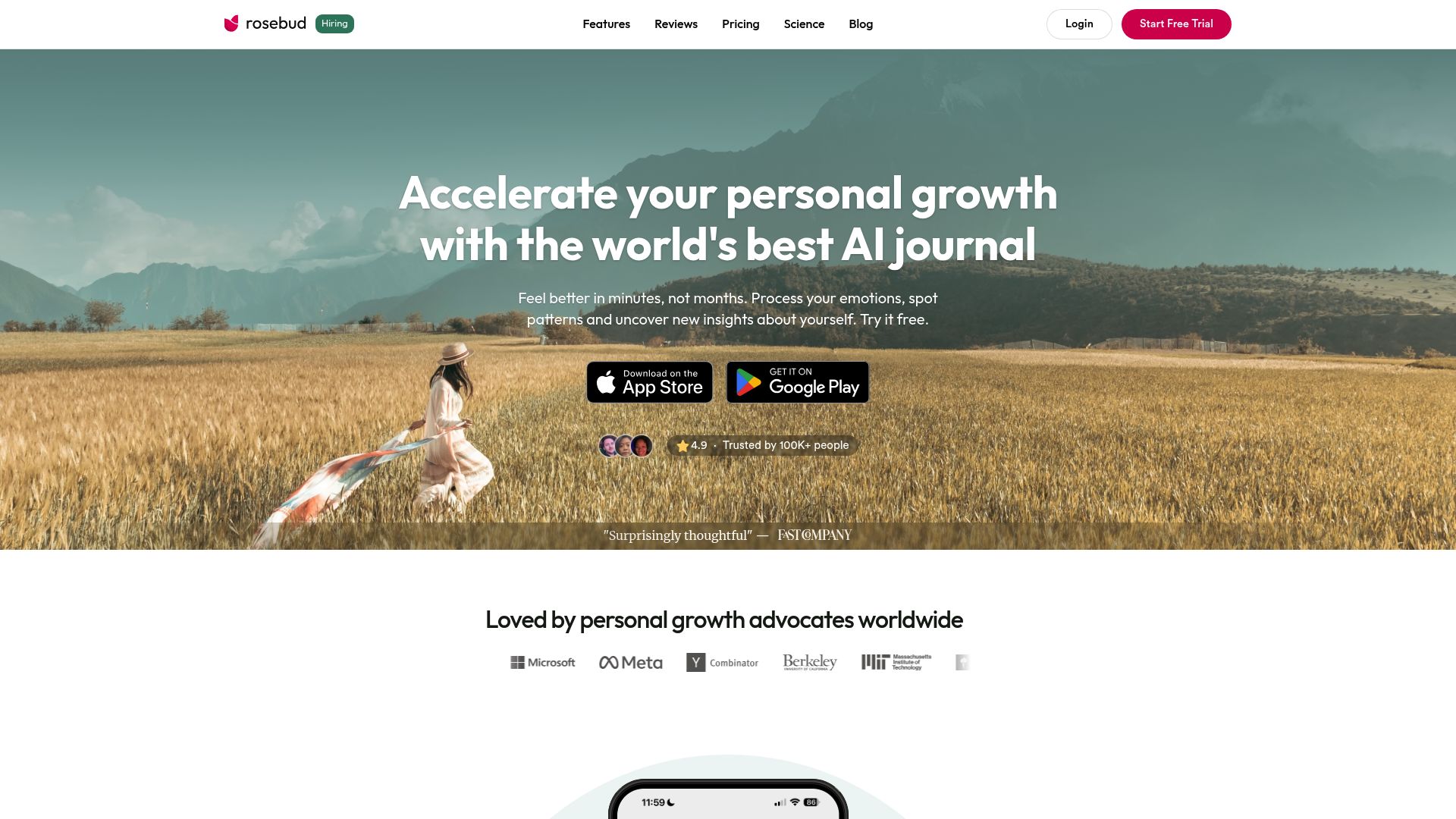 Rosebud AI journaling app landing page showing conversation-based journaling