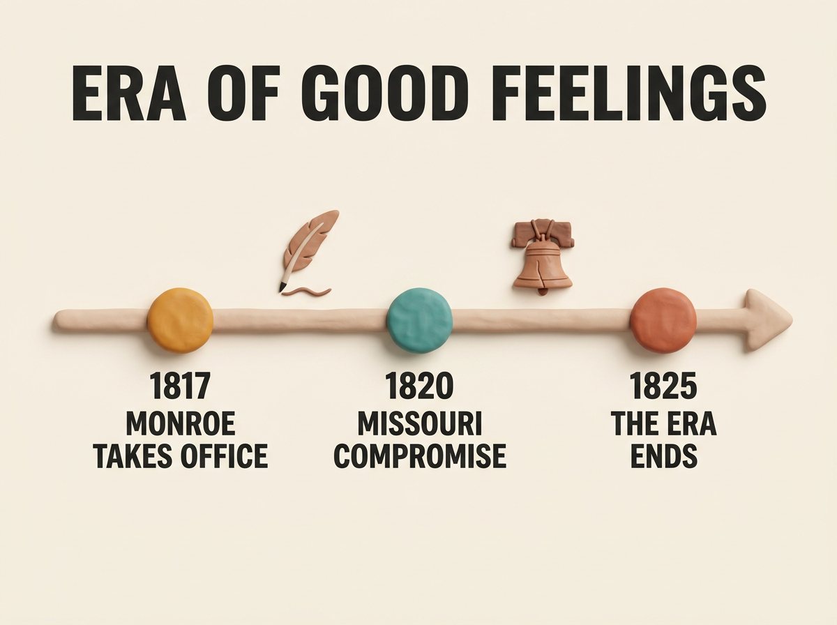 Timeline infographic of the Era of Good Feelings from 1817 when James Monroe took office, through the 1820 Missouri Compromise, to the end of the era around 1825