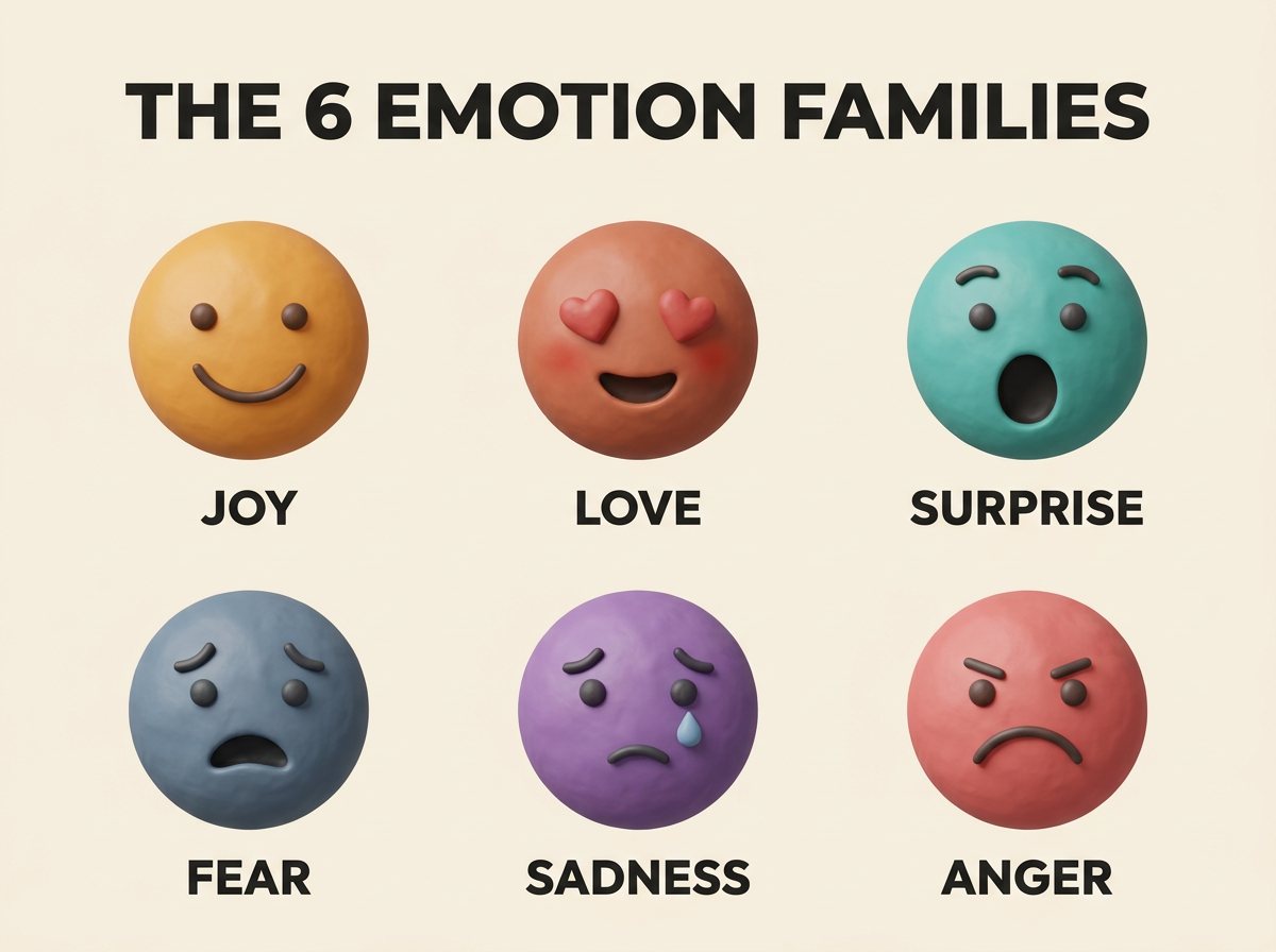 Infographic feelings chart showing the 6 core emotion families: joy, love, surprise, fear, sadness, and anger, each as an illustrated face with its label