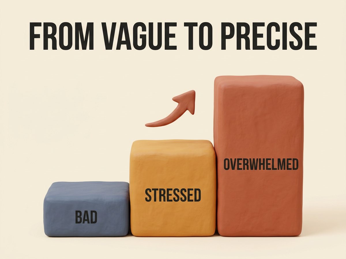 Infographic showing how a feelings list moves from a vague word like bad to precise feeling words like stressed and overwhelmed
