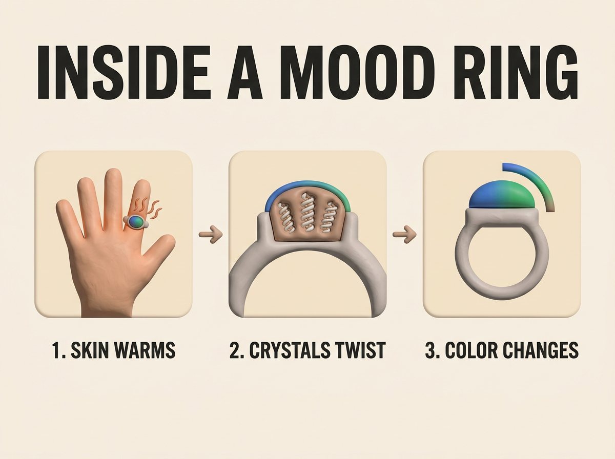 Diagram infographic explaining how mood rings work in three steps: skin warms the ring, thermochromic liquid crystals twist, and the stone color changes