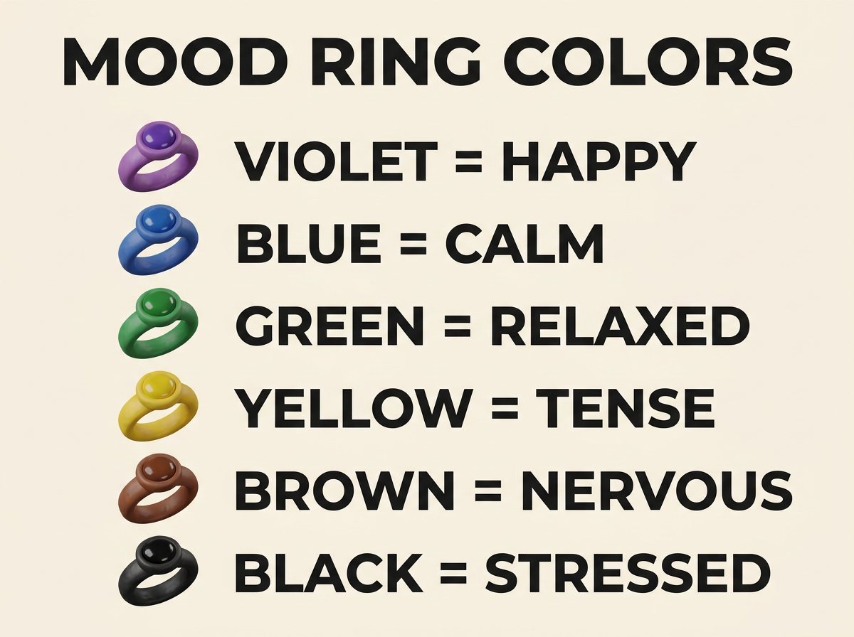 Mood ring colors chart infographic listing the common meanings: violet means happy, blue means calm, green means relaxed, yellow means tense, brown means nervous, and black means stressed